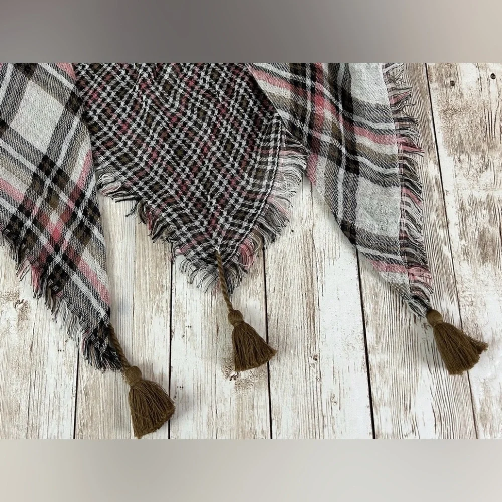 J. Jill Plaid Fringe Scarf Shawl in Cream, Black & Burgundy